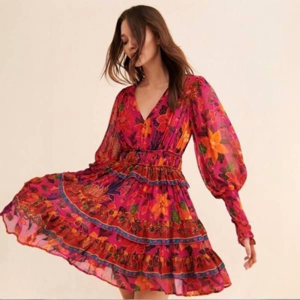 Farm Rio Dress Tropical Tapestry Long-Sleeve Tiered Mini Boho Small